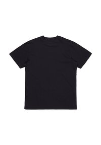 Black cotton t-shirt with short sleeves, relaxed fit, smooth texture, and a crew neckline. Plain design, no graphics or embellishments.