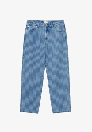 Jeans di denim blu con sottilissime righe verticali bianche, cinque tasche e chiusura frontale con bottone e cerniera.