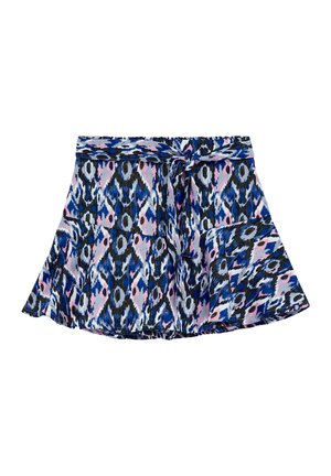 Falda texturizada y acampanada con un patrón ikat en azul, negro y rosa. Presenta una cinturilla fruncida y un cinturón atado a la cintura.