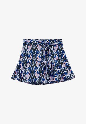 Gonna svasata con texture e motivo ikat blu, nero e rosa. Presenta una cintura arricciata e una cintura legata in vita.