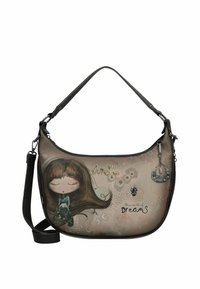 Borsa a spalla color taupe con illustrazione di una ragazza, le parole "Anekke" e "il mondo dei sogni" e decorazioni con charms e cuciture.