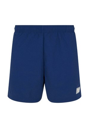 Shorts de bain bleu marine avec une taille élastique, fabriqués à partir d'un tissu léger, présentant une petite étiquette logo sur le côté avant gauche.