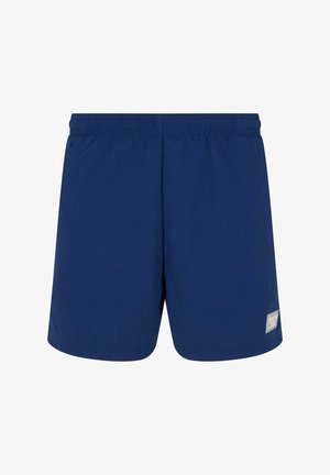 Shorts de bain bleu marine avec une taille élastique, fabriqués à partir d'un tissu léger, présentant une petite étiquette logo sur le côté avant gauche.