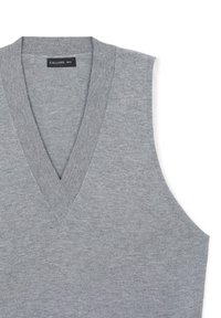 Gilet grigio senza maniche in maglia con scollatura a V, realizzato in tessuto morbido. Etichetta del marchio "CALLIOPE" visibile sulla scollatura.