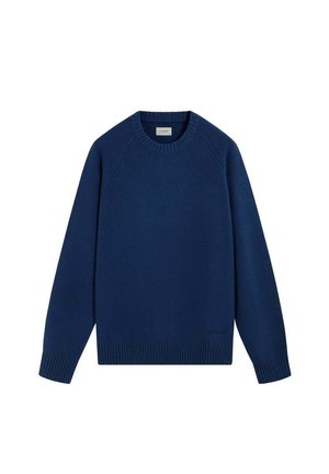 Suéter azul marino de manga larga con cuello redondo, puños y dobladillo acanalados, hecho de tela de punto, exhibido plano sobre fondo blanco.