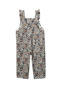 Salopette en tissu coton à motifs floraux ; présente des bretelles froncées réglables, des boutons en bois et une poche avant. Les couleurs incluent le blanc, le bleu et le rose.