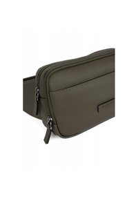Borsa a tracolla in nylon verde oliva con due scomparti con zip, texture liscia e discreto logo accentato sul pannello anteriore.
