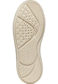 Suola di scarpa in gomma color crema con motivi testurizzati, fori di drenaggio e marchio "GEOX". Presenta linee ondulate e accenti circolari.