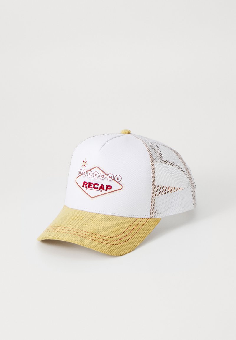 White mesh cap with a curved yellow corduroy peak. Features red embroidered text "WELCOME" and "RECAP" in a diamond shape.