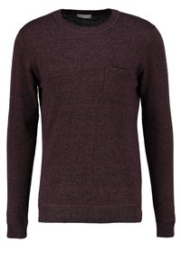 Burgunderfarbener Pullover mit langen Ärmeln aus Strickstoff. Verfügt über einen runden Halsausschnitt und eine Brusttasche mit gerippten Bündchen und Saum. Weiche Textur.
