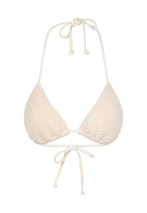 Cremefarvet bikini-top med en tekstureret, ribbet mønster. Har trekantede kopper og justerbare snore i nakken og ryggen for optimal pasform.