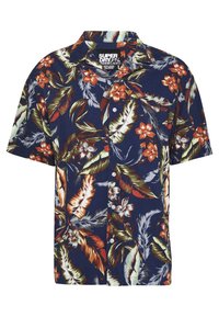 Krátký rukáv, košile na knoflíky v námořnické modři s tropickým květinovým motivem. Obsahuje jasně oranžové a zelené listy a bílé květy po celém povrchu.
