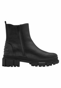 Bottines en cuir noir avec une fermeture éclair sur le côté, semelle en caoutchouc épaisse et accents texturés sur les côtés. Finition lisse et design épuré.