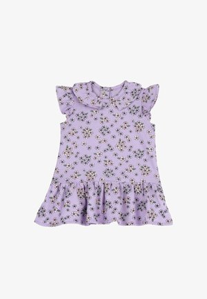 Robe violette à manches courtes avec un motif floral, décolleté volanté et jupe évasée. Fabriquée en tissu doux, elle dispose d'une fermeture à boutons au dos.