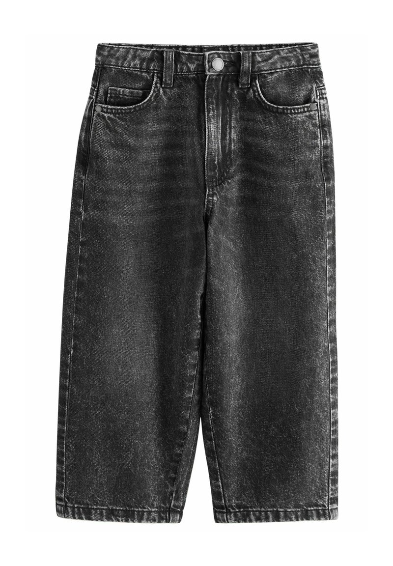 Zwarte denim wijde pijpen jeans met een hoge taille, vijf zakken en knoopsluiting, met een vervaagde textuur en een rechte silhouet.