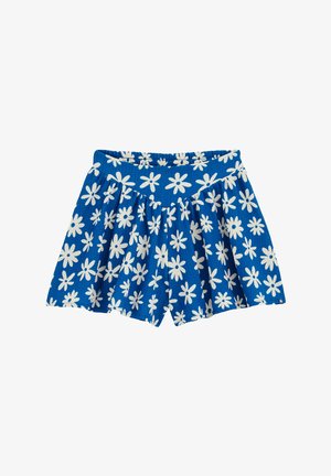 Kék pamut szövetből készült rövidnadrág, fehér virágmintával. Rugalmas derékkal és plissézett kialakítással rendelkezik, alkalmas hétköznapi viseletre.