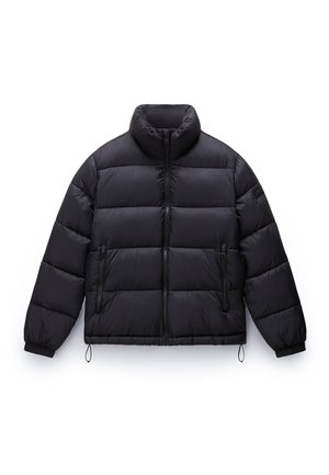Black puffer jacket with a high collar, front zip closure, and elastic cuffs; features two side pockets and a quilted texture.