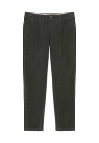 Tmavě šedé kordové kalhoty s knoflíkovým zapínáním, poutek na opasek, bočními kapsami a rovnými nohavicemi.