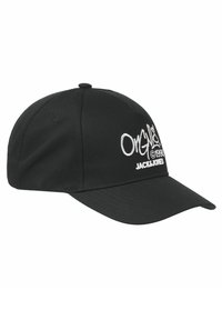 Gorra de béisbol negra hecha de algodón, con visera curvada y logo bordado "JACK & JONES" en blanco en la parte frontal.