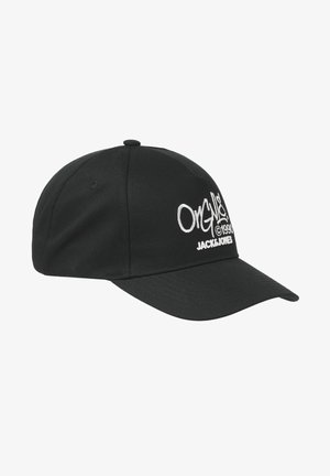 Gorra de béisbol negra hecha de algodón, con visera curvada y logo bordado "JACK & JONES" en blanco en la parte frontal.