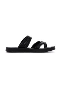 Sandales noires avec un design de bride texturée, comprenant deux larges brides croisées et une semelle plate. Le matériau semble synthétique et lisse.
