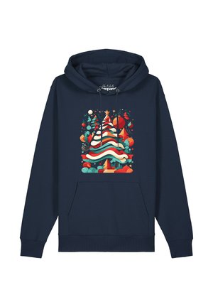Sweat à capuche bleu marine avec poche avant et motif abstrait coloré d'arbre de Noël avec ornements et étoiles.