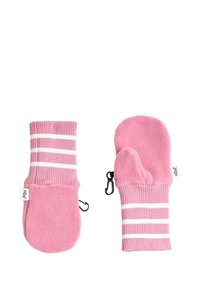 Rožinės fliso pirštinės su baltais dryžiais. Raukiniai ant riešo ir prisegamas kabliukas, kad būtų saugiau. Minkšta tekstūra ir apvalus formos, kad būtų šilčiau.