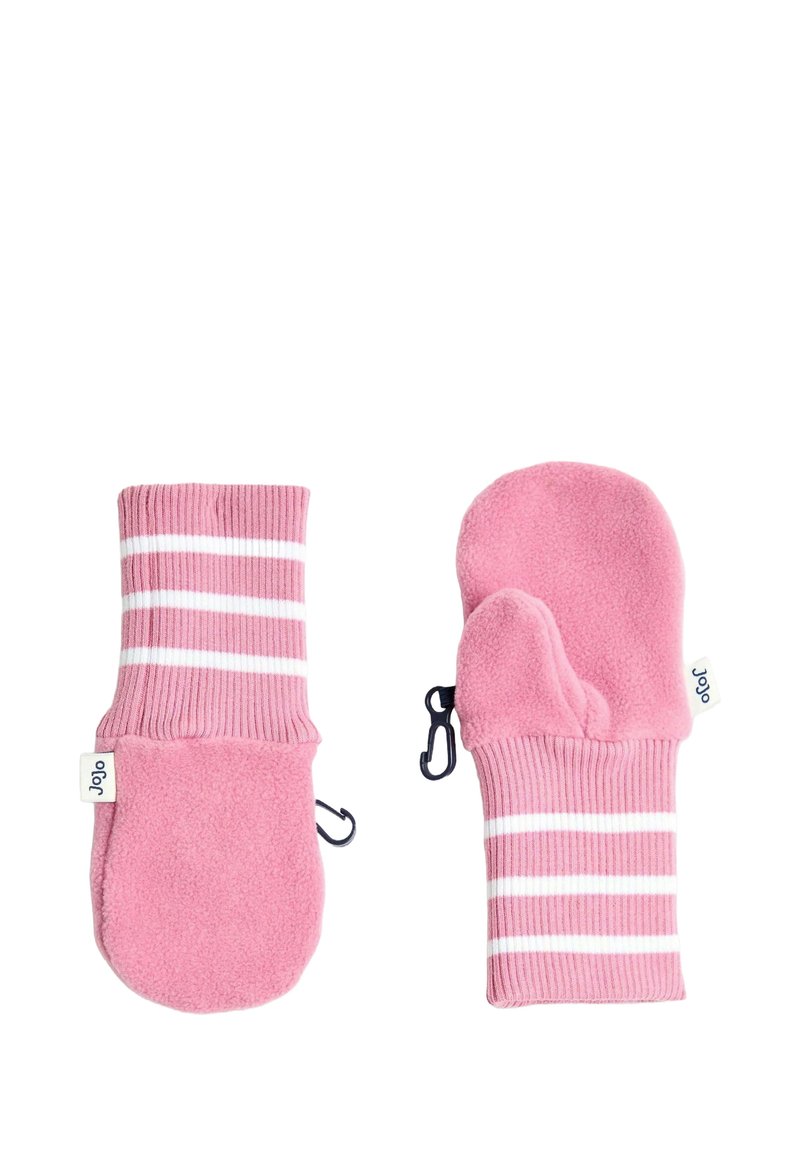 Rožinės fliso pirštinės su baltais dryžiais. Raukiniai ant riešo ir prisegamas kabliukas, kad būtų saugiau. Minkšta tekstūra ir apvalus formos, kad būt�ų šilčiau.