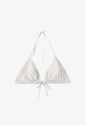 White satin triangle bikini top with halter neck and front tie closure on a white background.