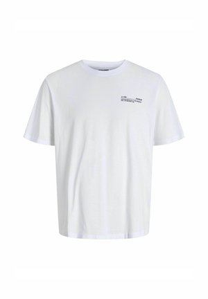 White cotton t-shirt with a round neck and short sleeves, featuring black text on the left chest area. Soft, smooth texture, casual fit.
