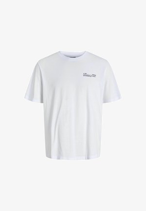 T-shirt en coton blanc avec un col rond et des manches courtes, arborant un texte noir sur la zone gauche de la poitrine. Texture douce et lisse, coupe décontractée.