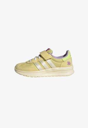 Yellow sneaker with silver stripes, Velcro strap, cushioned sole, purple and green accents, and textured fabric. Features "CLOUDfoam" branding.