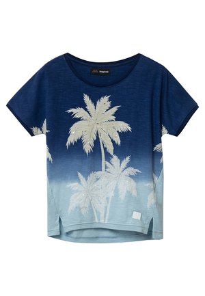 Kurzärmeliges T-Shirt mit Rundhalsausschnitt in marineblauem und hellblauem Farbverlauf; mit weißen Palmenprints und einem kleinen Markenschild am Saum versehen.