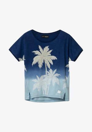 T-shirt met korte mouwen en ronde hals in marineblauw en lichtblauwe gradient; met witte palmbomenprints en een klein merkembleem aan de zoom.