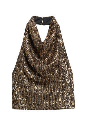 Draped haltertop in zwart en goud, bedekt met pailletten en met een gladde textuur. Heeft een coulotte nek en een keyhole detail aan de achterkant.