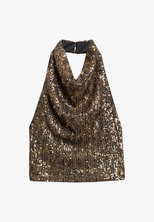 Halter-Top in Schwarz und Gold, bedeckt mit Pailletten und einer glatten Textur. Verfügt über einen Cowl-Ausschnitt und eine Schlüsselspalte im Rücken.