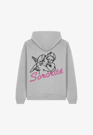 Felpa grigia con tasca frontale. Presenta illustrazioni a contorno nero di due cherubini e testo ricamato in rosa "Sororité" sotto.
