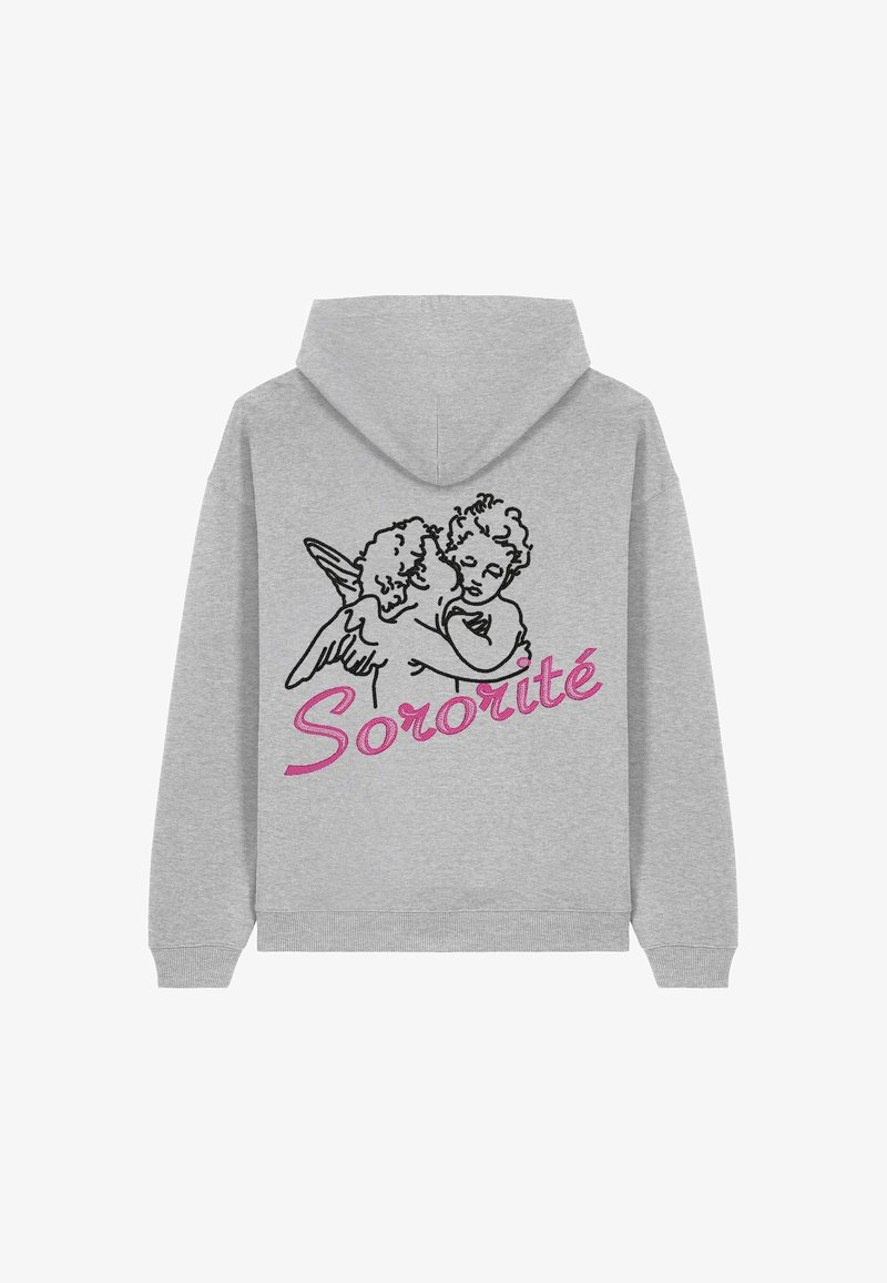 Felpa grigia con tasca frontale. Presenta illustrazioni a contorno nero di due cherubini e testo ricamato in rosa "Sororité" sotto.