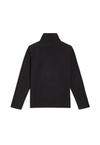 Zwarte fleece pullover met een hoge hals en lange mouwen. Eenvoudig ontwerp, zachte textuur en geen zichtbare patronen of hardware-details.