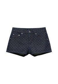 Short en jean bleu foncé avec petits pois blancs, fermeture à boutons devant et design à cinq poches.