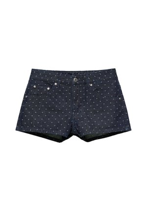 Mørkeblå denimshorts med små hvide prikker, knaplukning foran og fem-lomme design.