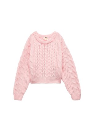 Maglione rosa lavorato a maglia con un design corto, caratterizzato da un colletto rotondo e motivi a treccia testurizzati sul corpo e sulle maniche.