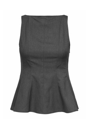 Hallhalli peplum-top, millel on struktuurne kehaosa ja laienev äär. Valmistatud kerge kangaga, millel on puhtad jooned ja ei ole nähtavaid metallosi.