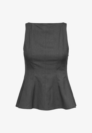 Top peplum gris avec un corsage structuré et un ourlet évasé. Fait en tissu léger, avec des lignes épurées et sans accessoires visibles.