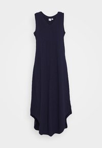 Robe sans manches, longueur genou, couleur bleu marine foncé. Dispose d'un col en V, d'un tissu léger et d'un ourlet en high-low. Texture lisse, design minimaliste.