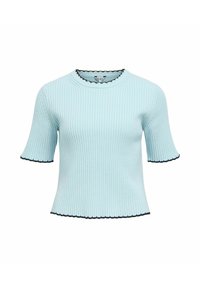 Pull côtelé bleu clair à manches courtes avec un col rond, présentant des bords festonnés noirs aux manches et à l'ourlet.