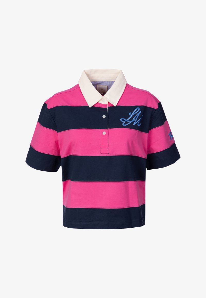 Maillot de rugby à manches courtes avec larges rayures horizontales roses et bleues marine, col blanc, patte de boutonnage et « LM » brodé en bleu sur la poitrine.
