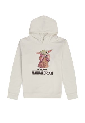 Cremefarbener Hoodie mit Baby Yoda, der eine Tasse hält, darunter steht der Schriftzug "Star Wars The Mandalorian".
