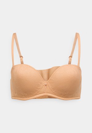 Bársonyos csipkerátétes, merevítős melltartó párnázott kosarakkal, középen egy kis díszítéssel és állítható pántokkal a testreszabható illeszkedés érdekében.