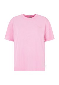 Roze katoenen T-shirt met een ronde hals, korte mouwen en een ontspannen pasvorm. Bevat subtiele merkbroderie op de borst.